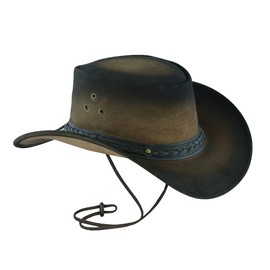 Leatherick Australian Cowboy Unisex Western Style Two Tone Black Brown Outback Genuine Australian Leather Bush Hat, black