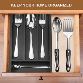 Small Cutlery Tray Narrow Wooden Silverware Organizer 11.8" x 6.7" Spoon Drawer Kitchen Utensil Tray for Drawer Insert Bamboo Cutlery Drawer Organizer Black Wood Silverware Tray Flatware Organizer