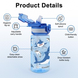 wooshwa Kids Water Bottle for School, 16 Oz Plastic Water Bottle with Silicone Spout and Pop-Up Cover, BPA Free & Dishwasher Safe (Shark)