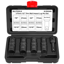BILITOOLS Lug Nut Socket Set, 1/2 inch Drive Non-Marring Impact Flip Socket Set Metric 17-19 - 21-22 mm & SAE 3/4-13/16-7/8-15/16 inch, Thin Wall Wheel Protector Nut Socket