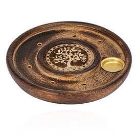 NKlaus Holder 6 x Incense Sticks 1 x Cone Wooden Plate Round 10 cm Tree of Life Motif 11259