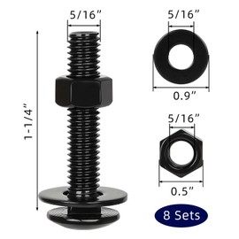 5/16-18 x 1-1/4" Carriage Bolt Kit, Stainless Steel 304 Carriage Bolts Screws with Hex Nuts & Flat Washers, Round Head Square Neck, Full Thread, Black Finish, 8 Sets