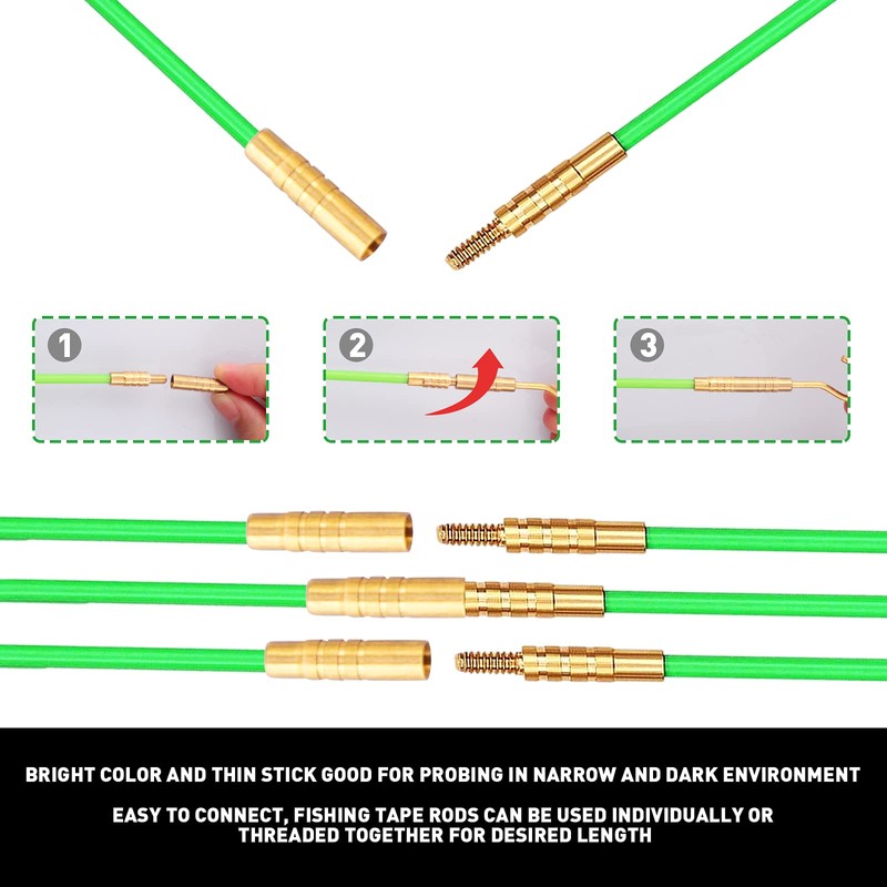 50' Fiberglass Cable Wire Running Rod Coaxial Electrical Connectable Fish