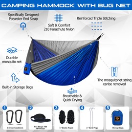 Camping Hammock, Portable Hammocks with Mosquito Net,Lightweight Nylon Parachute Hammock with 10ft Tree Straps,Camping Gear Must Haves for Travel Hiking Backpacking Beach Patio-Blue&Grey