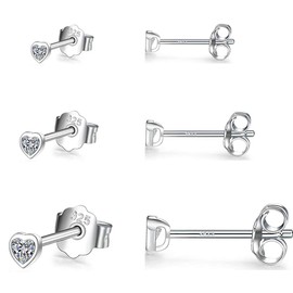 Gulicx 3 Pairs Silver Heart Stud Earrings Set for Women Girls, Hypoallergenic 925 Stering Silver Cubic Zirconia Simulated Diamond Stud Earrings,Small Sleeper Cartilage Studs, Size: 3, 4, 5mm
