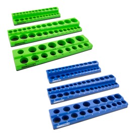 OEMTOOLS 22461 6 Pack Set Metric and SAE Magnetic Socket Tray Set, Green and Blue Socket Organizers, 1/4, 3/8, 1/2 Inch Drive Socket Organizer Tray Set