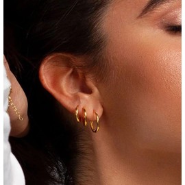 Silver Hoop Earrings for Women Girls, 3 Pairs Gold Small Sterling Silver Huggie Hinged Hoops Cartilage Sleeper Hypoallergenic Earrings Jewelry Gifts for Multiple Piercing (8/10/12mm)