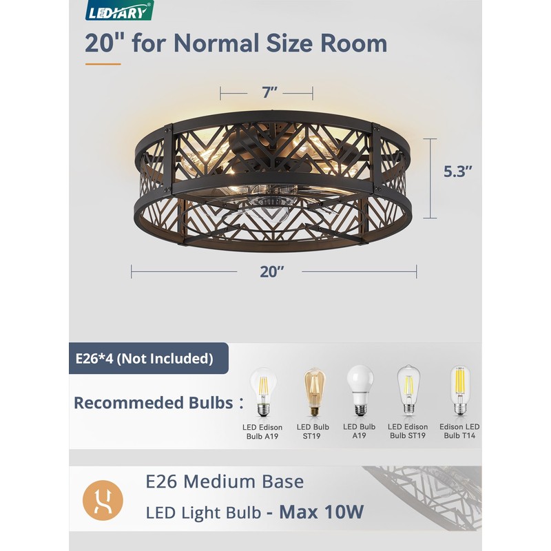 LEDIARY 20" Caged Ceiling Fan with Light, Small Flush Mount