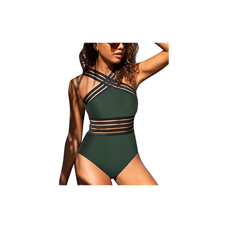 Hilor Women's One Piece Swimwear Front Crossover Swimsuits Hollow Bathing