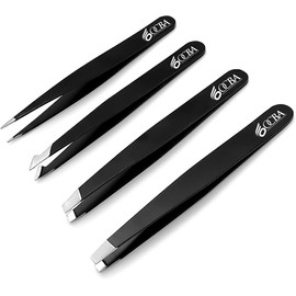Precision Tweezers Set Professional Black 4 Pcs Eyebrow Tweezers Set Stainless Steel Tweezer kit for Ingrown Hair, Facial Hair and Splinters