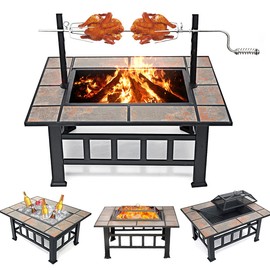 SINGLYFIRE 37 Inch Fire Pit Table with Grill for Outside Large Square Wood Burning firepit Heavy Duty Steel Bonfire Pit Cooking with Spark Screen Log Grate Poker for Backyard Garden Camping