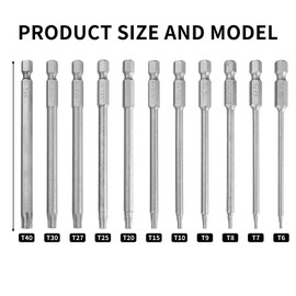 11 Pcs 100mm Long Torx Screwdriver Bit Sets, T6-T40 Precision Security Torx Bit Set, Magnetic Screwdriver Bits Set, 1/4” Hex Shank S2 Steel Star Screwdrivers Impact Driver Bits Set Hand Tools