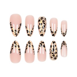 Medium French Tip Press on Nails Gold Leopard Print Fake Nails with Designs Almond Shaped Acrylic Nails Glossy Glitter Glue on Nails Reusable Artificial Full Cover False Nails for Women 24Pcs