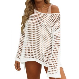 ZESICA Women's 2024 Summer Crochet Hollow Out Long Sleeve Beach Bikini Swimsuit Mesh Cover Up Tunic Top,Apricot,Small