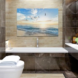 Beach Ocean Canvas Large Wall Art for Living Room Coastal Seagull Framed Prints Seascape Sunrise Pictures Aesthetics Painting Artwork Office Home Decor for Bathroom Bedroom Dining 24"x16"