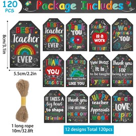 120PCS Thank You Gift Tags Gift Wrap Cards for Teacher Day Thankful Tags Labels with String Thank You Teacher Gift Cards Tags Decoration for Gift Wrap Boxes Cards Back to School Classroom Party Favors