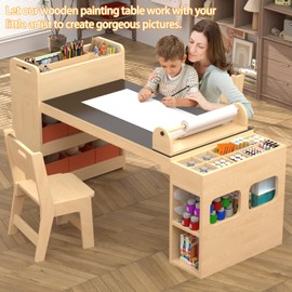 SFDOU Espresso Surface 50.4inx 24in Kids Craft Table with 6 Portable Art Gray Fabric Dressers,Kids Art Table and Chair Set with Paper Roll Dispenser,Drawing with Large Storage Desk for Kids