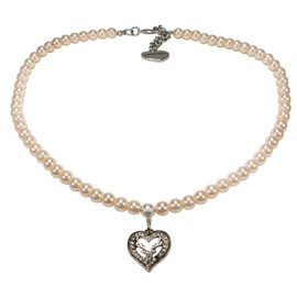 Alpenflüstern DHK238 Pearl Costume Necklace Rhinestone Heart Deer Small Women's Costume Jewellery Dirndl Necklace in Black and Cream White, Zinc, Pearl