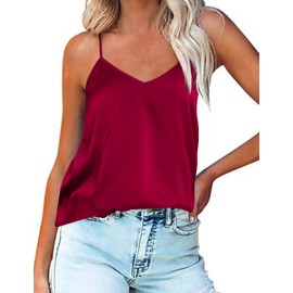 Ekouaer Women's Silk Tank Top V-Neck Camisole Silky Loose Sleeveless Blouse Satin Tank Shirt Deep red