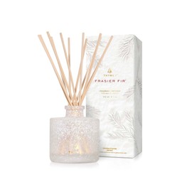 Thymes Frasier Fir Flocked Petite Reed Diffuser – Home Fragrance Diffuser Set with Reed Diffuser Sticks, Fragrance Oil, and Frosted Glass Bottle Oil Diffuser – White Aromatherapy Diffuser (4 fl oz)