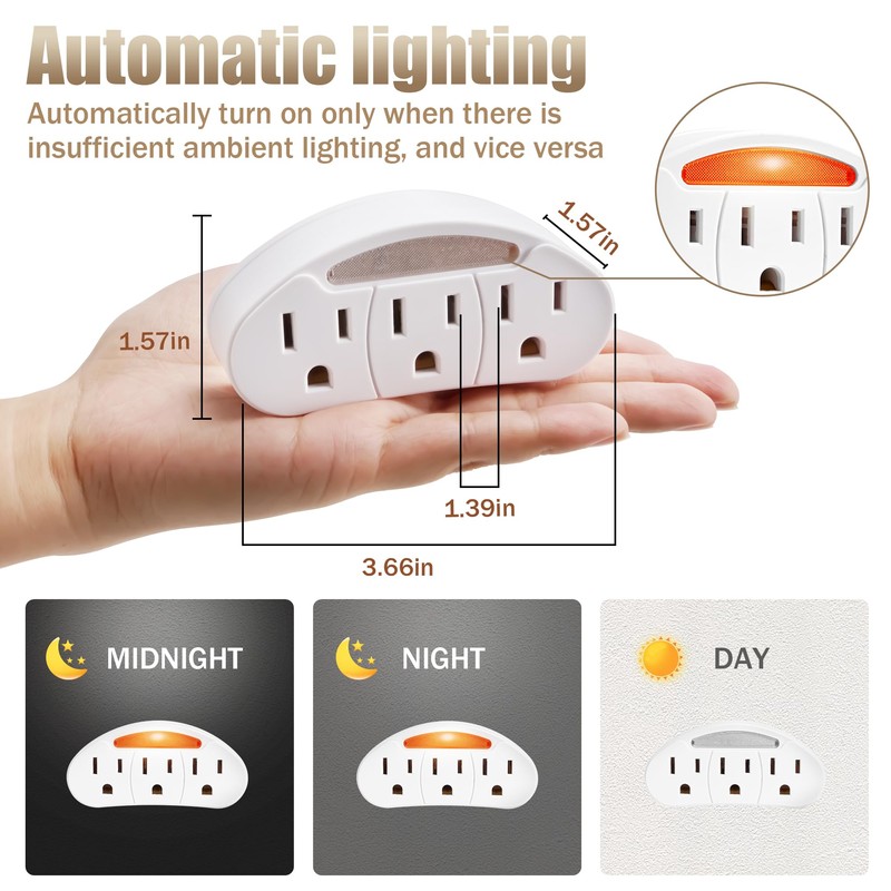 3-Prong 3-Outlet Plug Wall Mount Extender, 3-Prong to 3-Prong 3