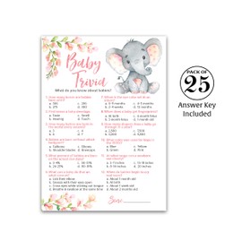 PINK ELEPHANT Baby Shower Game — BABY TRIVIA Game — Pack of 25 — Fun Baby Facts Game, GIRL Baby Shower Game, Pink Floral Baby Elephant Baby Shower Activity, Baby Trivia Baby Shower Game, SKU G530-TRV