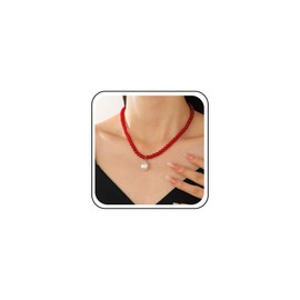 Cimenexe Bohemian Teardrop Pearl Choker Necklace Red Acrylic Bead Collar Necklace Pearl T Bar Chain Necklace Round Red Beaded Necklace Jewelry for Women