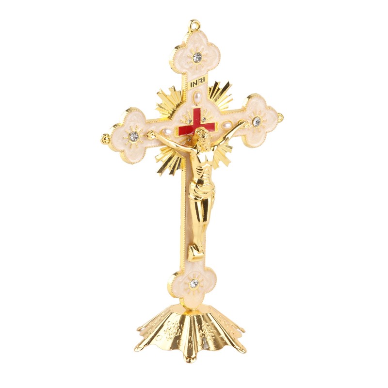 Metal Standing Cross Red Rhinestone Decoration Exquisite Retro Elegance Standing