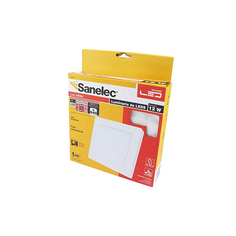 Sanelec 1297 Lámpara Cuadrada de Sobreponer, 12 W, Luz Cálida