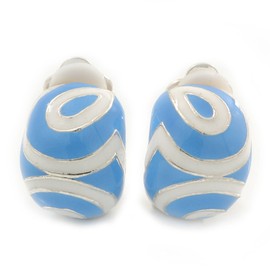 15mm L/C-Shape Enamel Clip-on Earrings in Blue/White Colours/Rhodium Plated
