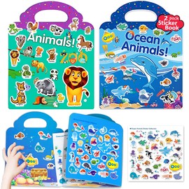 Reusable Sticker Books for Kids, 2 Sets Travel Removable Toddler Sticker Books for 3 4 5 Year Old Girls Boys Birthday Gifts Educational Learning Toys - Ocean & Zoo Animals