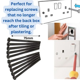 Electrical Long Socket Screws 40mm, 50mm, 75mm Black Nickel, Brass, Chrome M3.5 Screw Flat Raised Slotted Head Threaded Bolt for Switches, Plugs, Sockets, Fixings (20, Black Nickel, 75mm)