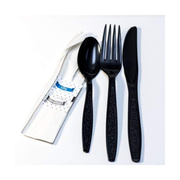 E188000 Empress Heavy Weight Cutlery Kit PS Black Fork, Teaspoon, Knife, Salt & Pepper, Napkin 250 per case