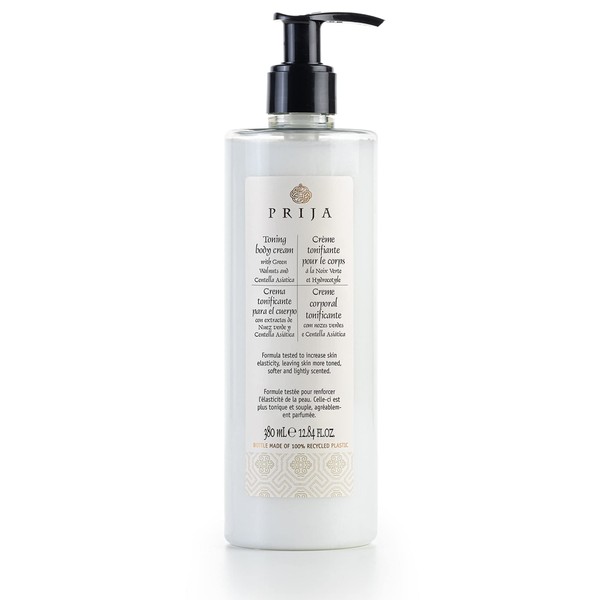 Prija Toning Body Cream with Green Walnuts and Centella Asiatica (12.84 fl oz) - Elasticizing and Moisturizing - Vegan Friendly - Dermatologically Tested - Made with 100% Recycled Bottle
