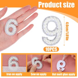 10 PCS Iron on Numbers, Practical White Number Patches with Pearl Appliques Embellishments for DIY Team Uniforms Sports T-Shirts Hats Bags Jeans Jackets Clothing Backpack (Number 0-9)