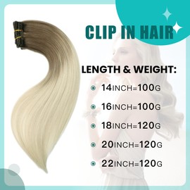 SURNEL Hair Extensions Clip Ins Ash Brown to Platinum Blonde Balayage Clip in Hair Extensions Real Human Hair 14 Inch 6pcs 100g (#8T60,14'')