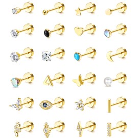 FASACCO 24Pcs Flat Back Earrings for Women Men Hypoallergenic Stainless Steel Stud Earrings 20G Cartilage Earring Tiny Ball CZ Butterfly Moon Star Flatback Earrings Set for Multiple Piercing Gold