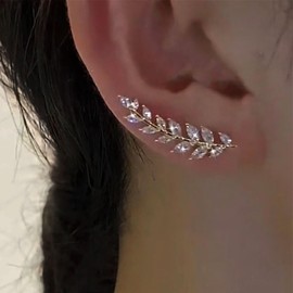 Atentuyi Leaf Crystal Stud Earrings Gold Stud Earrings Curved CZ Stud Earrings Rhinestone Wedding Earrings CZ Crawler Bridal Earrings Cluster Marquise Sparkling Earrings for Women and Girls, Crystal