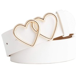 Worry-Free PU Faux Leather Double-Heart Bukcle Waist Belt for Jeans Girls,Womens, White, Large