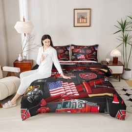 American Flag Comforter Set Full Size, Cartoon Fire Truck Bedding Set 3pcs for Kids Teen Girls Boys Room Decor, Fire Fighting Supplies Quilt Set Duvet Insert with 2 Pillowcases