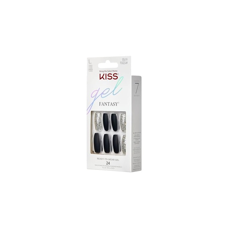 Kiss Gel Fantasy Collection 24 Count Black/Sparkle Long Length