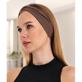 Women's Stretchy Knotted Headbands, Solid Color, Non-Slip for Yoga, Workout, Running (Brown, 1 Count (Pack of 1))