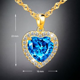 Gift idea: 925 silver ocean heart pendant with sapphire crystal - exclusive necklace in 24 carat gold-plated silver, gift for birthdays, anniversaries and Valentine's Day, Sterling Silver, Cubic