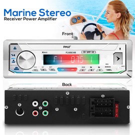 Pyle Marine Stereo Receiver Power Amplifier - AM/FM/MP3/USB/Aux/SD Card Reader Marine Stereo Receiver, Single Din, 30 Preset Memory Stations, LCD Display with Remote Control - PLMRB39W