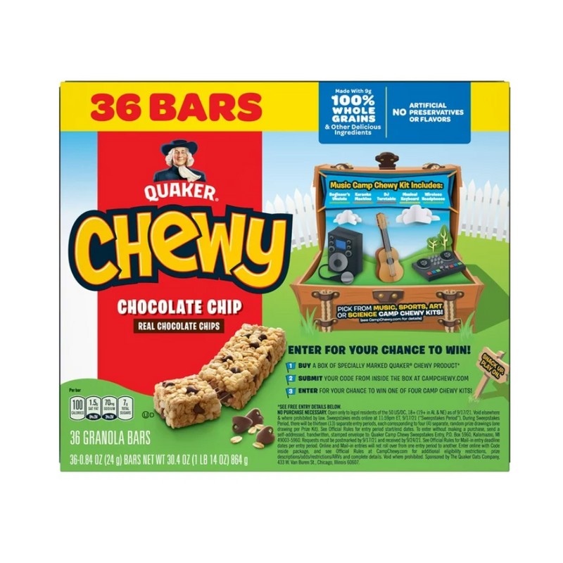 Quaker Chewy Chocolate Chip Granola Bars, 0.84 oz, 36 Count
