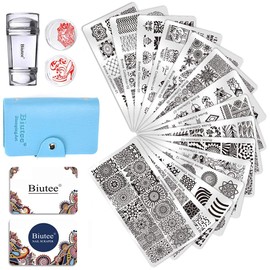 Biutee 19pcs Nail Stamp Plates set 15 plate 1 Stamper 2 Scraper 1 storage bag Nails Art Stamping Plate Scraper Stamper Set Leaves Flowers Animal Nail plate Template Image Plate