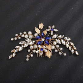 BERYUAN Blue Crystal Rhinestone Flower Pearls Hair Comb Gold Leaf Hair Piece for Women and Girls Gold Wedding Hair Accessory for Brides and Bridemaids