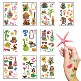 LANGFON 10 Sheet Summer Hawaii Temporary Tattoos Aloha Tropical Temporary Tattoo Sticker Waterproof Beach Hula Palm Tree Flamingo Fake Tattoo for Women Girl Birthday Summer Hawaii Party Favor Supplies