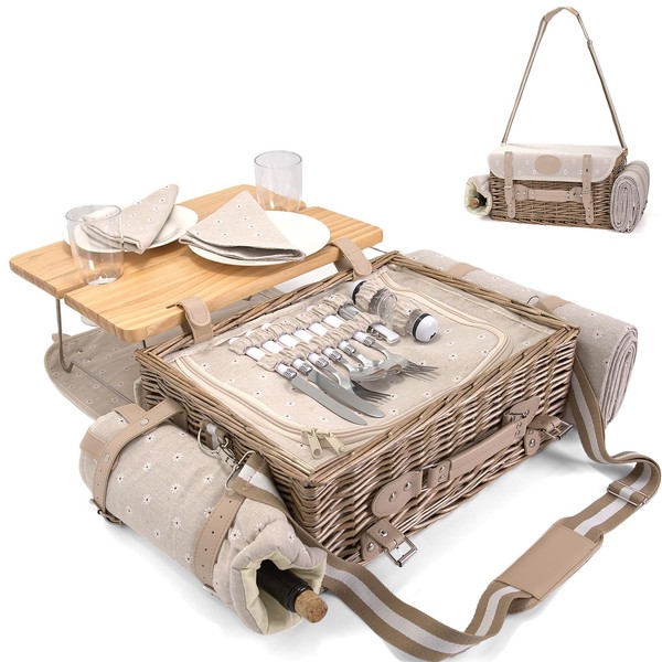 Multifunctional Wicker Picnic Basket Set for 2 with Blanket and