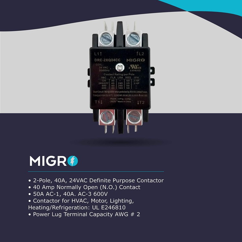 Migro 40 Amp 2 Pole 24V HVAC Refrigeration Contactor, N.O.